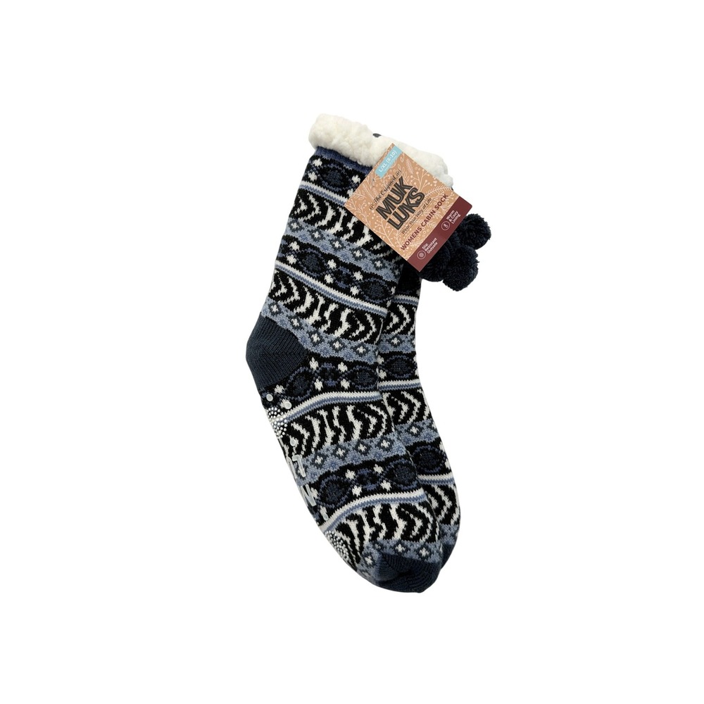 NWT Muk Luks Cabin Sock Blue Fair Isle Faux Fur Lined Slipper Socks L XL 8 10